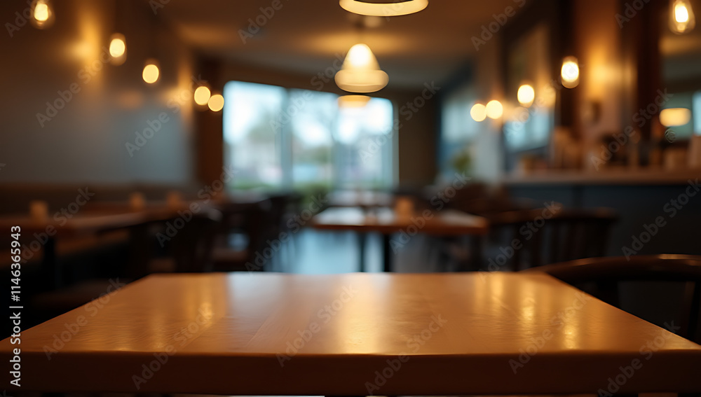 Poster the empty wood table top sits in a dimly lit background amidst the quiet atmosphere of a deserted ca