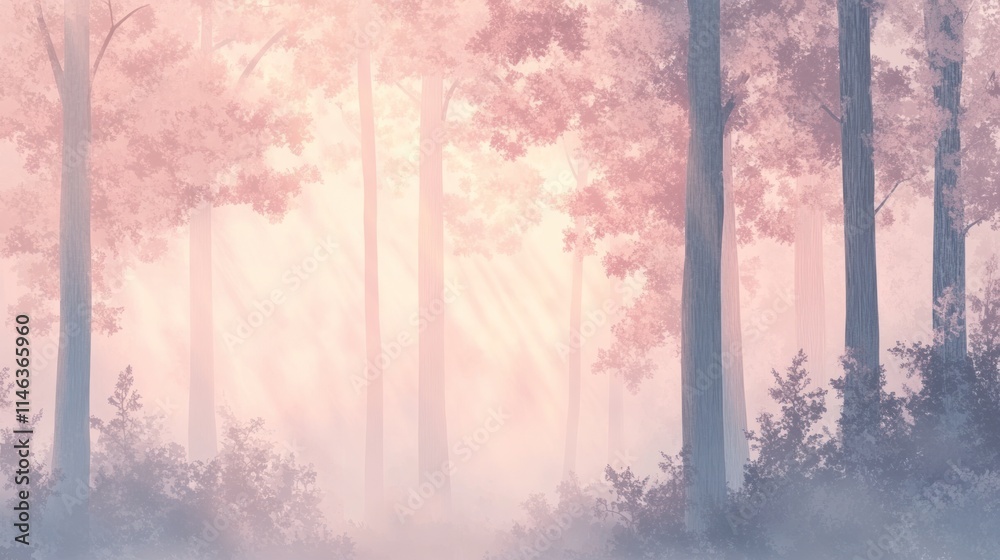 Poster a serene forest scene with soft pink hues and mist, creating a tranquil atmosphere.