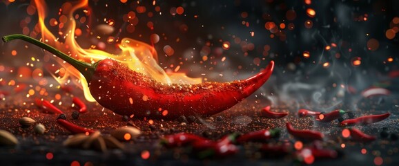 Flaming red chili pepper on dark background with spices.