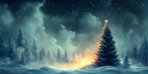 Fototapeta premium Winter Wonderland: Snowy Forest, Starlit Night, Illuminated Tree
