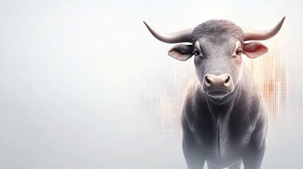 Naklejka premium A close-up of a strong bull against a soft background, showcasing its powerful presence and distinct features.