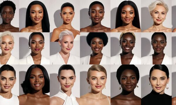 Happy young multiethnic ladies smiling at camera, collection of closeup portraits, collage in square shape. beautiful collage multiracial women