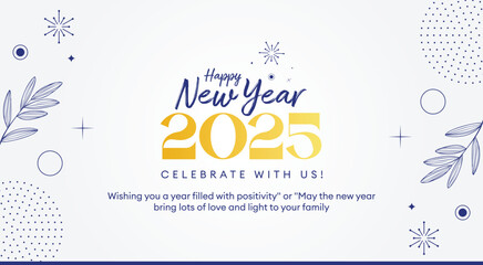 A clean and minimal Happy New Year 2025 celebration design featuring elegant gold and blue typography with decorative elements like leaves, stars, and abstract shapes