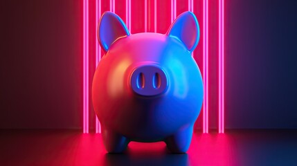 A vibrant blue piggy bank stands against neon pink stripes, representing savings, finance, and modern design aesthetics.