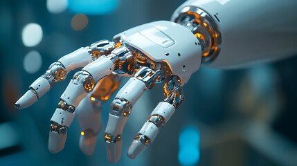 Close-up of a Robotic Hand Reaching Out with Glowing Joints