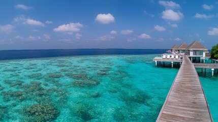 A single stilt overwater bungalow juts out into the bright turquoise sea under an eye-catching blue sky, creating an ideal retreat.