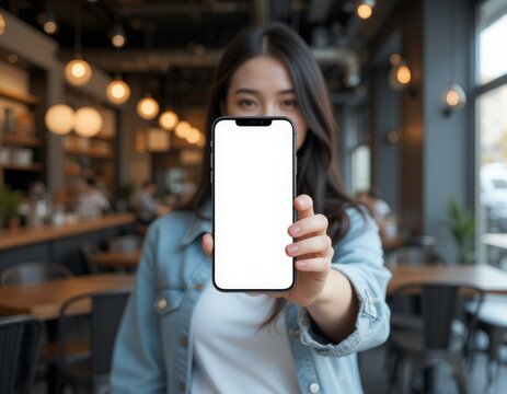 a white-skinned, black-haired woman in a thin denim jacket over a white t-shirt, holding a smartphone while smiling. She is sitting in a cozy modern cafe with wooden furniture and warm lighting in the