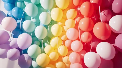 Festive floating balloons display, rainbow color arrangement, high detail balloon surfaces, elegant ribbon streamers, professional event styling, precise color transitions, clean isolated background,