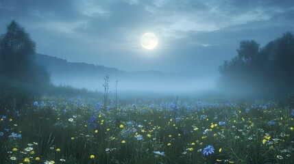 A misty meadow bathed in soft moonlight with wildflowers gently glowing © Tonadech