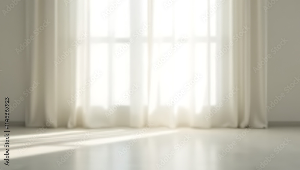 Poster soft white light filters through a sheer curtain, illuminating the room and casting gentle shadows o