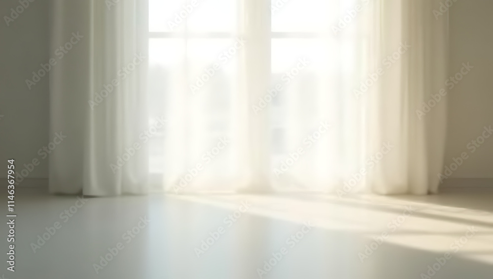 Poster soft white light filters through a sheer curtain, illuminating the room and casting gentle shadows o