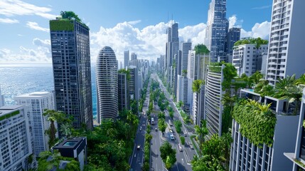 Obraz premium A cutting-edge city skyline with green spaces and electric transportation, embodying the concept of urban sustainability and a zero-carbon existence.
