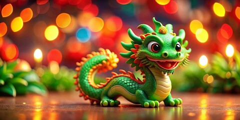 2024 Chinese New Year Dragon: Cute 3D Green Dragon, Lunar New Year Greeting Card, Tilt-Shift Miniature