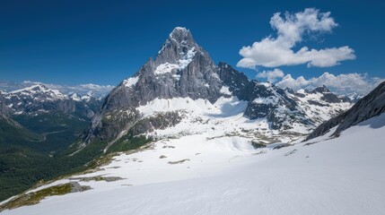 Obraz premium Majestic snow-capped mountain peak towers over a glacial valley under a bright blue sky with white clouds.