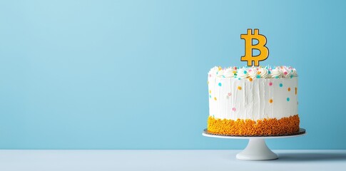A Bitcoin-inspired cake with edible gold decorations highlighting halving events and mining rewards.