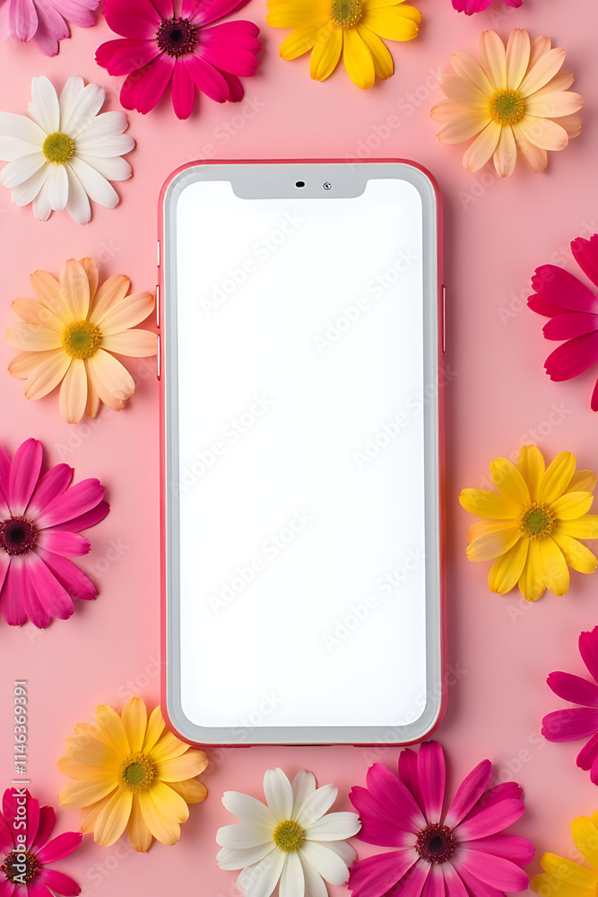 Poster simple flat lay photography of a white smartphone placed on a colorful flower petal patterned backgr