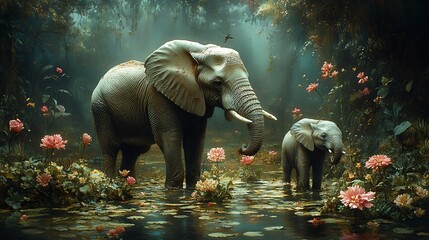Elephants and their Calf in a Lush Floral Haven