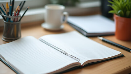 Setting business success goals with a notebook on a desk, planning for a productive year ahead step by step carefully always._00001_