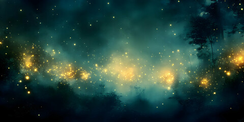 Naklejka premium Fireflies Glimmer in Dark Forest at Night