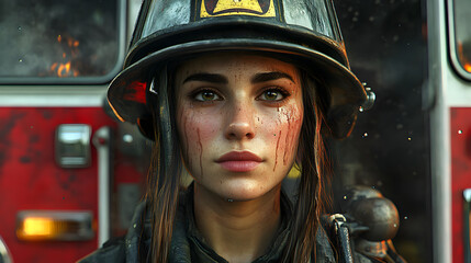 Courageous firefighter in action, determined look.