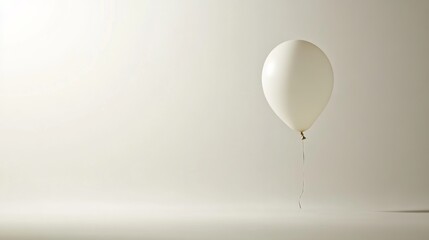 floating cream-colored balloon on thin string, monochromatic white environment, subtle gradient shadows, negative space design, editorial style photography, expansive copy space, professional