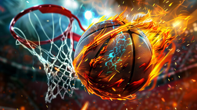 aerial photo in a basketball arena, a stunning macro portrait of a ball with electric sparks flying on the air