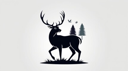 Modern flat design logo. Strong hard light. Stylized deer and nature elements. Simple, two-dimensional shapes, direct harsh shadows