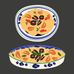 Traditional Italian cuisine. Cute vector retro traditional products and dishes, pasta and seafood risotto. A dish with seafood, shrimp, mussels and greens
