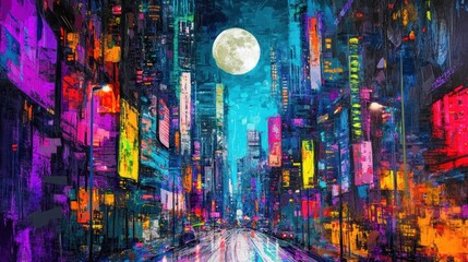 Naklejka premium night cityscape under full moon