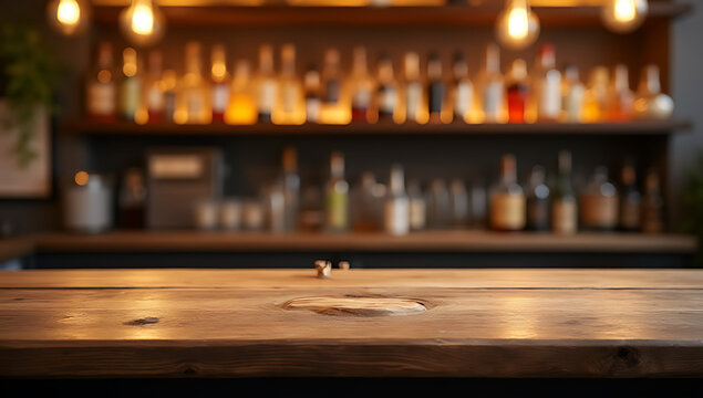 Rustic wooden bar countertop features real photographs with a warm, ambient background of blurred bottles in the surrounding area._00001_