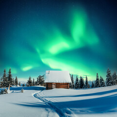 Old wooden cabin in snowy mountains under incredible Northern lights in starry sky. Christmas...