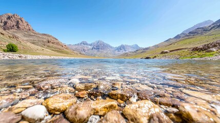 Tranquil mountain lake with clear water and rocks.