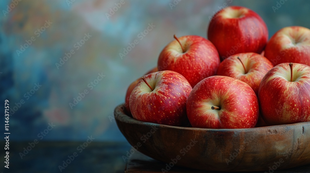 Poster red apples filling a rustic wooden bowl on moody background