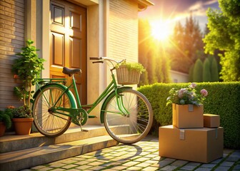 3D Render: Green Bicycle Delivery, Cardboard Box, House Door, Candid Photo