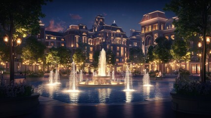 night scene of elegant european style square with fountain