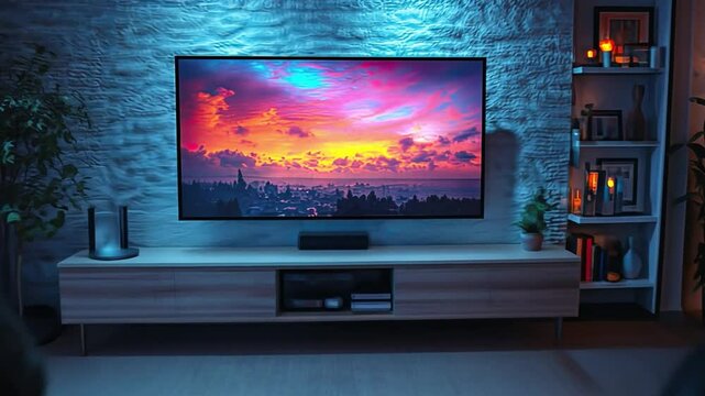 Modern Living Room with Sunset View: A sleek TV mounted on a brick wall displays a vibrant sunset over a cityscape, creating a cozy and inviting atmosphere in a contemporary living room.  