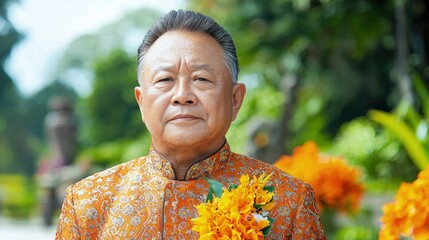 Portrait of a senior Asian man in traditional orange clothing, holding flowers, outdoors.
