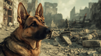 German Shepherd stands alert and focused amidst war torn urban landscape, with ruins and debris in background, evoking sense of loyalty and resilience