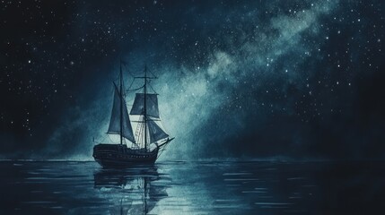 Fototapeta premium A serene ship sailing under a starry night sky, reflecting on calm waters.