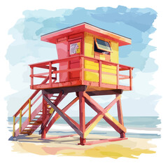 A watercolor painting of a colorful lifeguard tower on the beach, isolated on a white background. Lifeguard tower vector.
