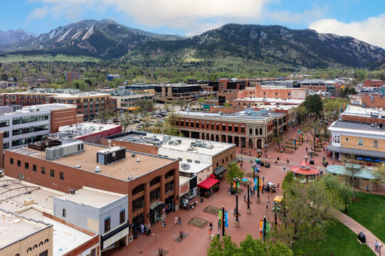 Boulder, Colorado's downtown area and it's vibrant Pearl Street Mall located at the foot of the Rocky Mountains