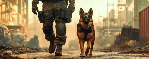 German Shepherd wearing tactical goggles walks confidently beside soldier in military gear through post apocalyptic urban environment, evoking sense of resilience and teamwork