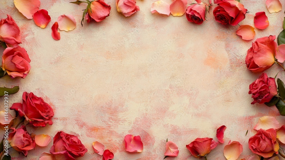 Poster roses in various shades surround a pastel backdrop, creating a stunning visual display. the delicate