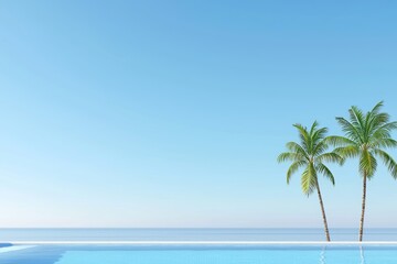 A peaceful scene at a beachfront hotel, with a palm tree alongside an endless pool.