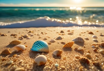 Obraz premium gorgeous array colorful seashells lined along warm sunlit sandy shore beach, coastline, ocean, water, tropical, sunlight, marine, wave, surf, seascape