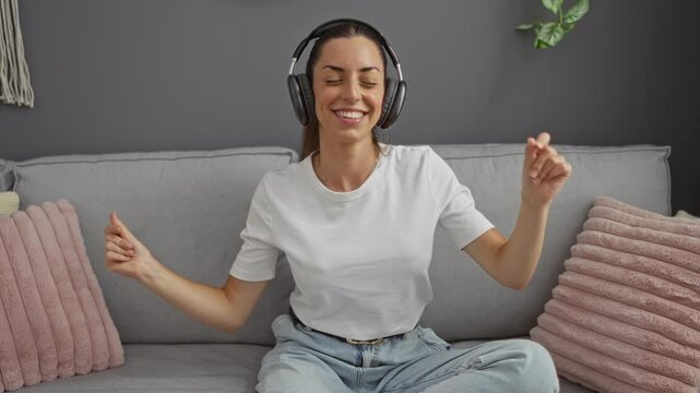 Young woman enjoying music in headphones while dancing joyfully on a couch in a cozy urban apartment