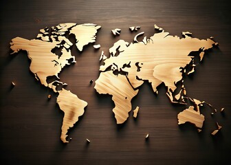 3D Rendered Wooden World Map, Global Geography, Light Wood Texture, Black Background, High Resolution Image