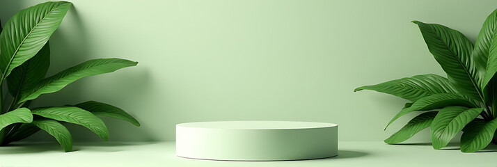Pedestal podium displays a tropical leaf design for showcasing products in advertising, packaging, and promotional placements effectively online._00002_