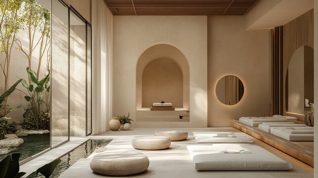 A luxury wellness retreat with a serene meditation garden, ideal for relaxation and rejuvenation