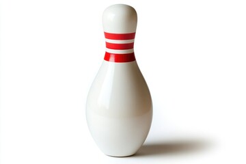 Single white bowling pin with three red stripes isolated on white background.